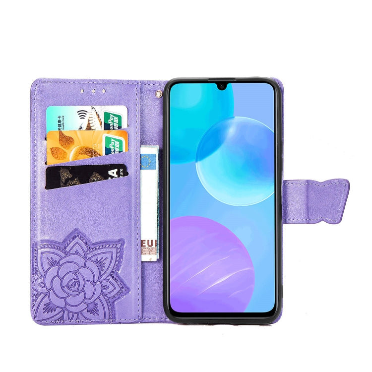 Para Huawei Honor 30 Lite Butterfly Love Flower Funda de cuero con tapa horizontal en relieve con soporte, ranuras para tarjetas, billetera y cordón (morado claro)