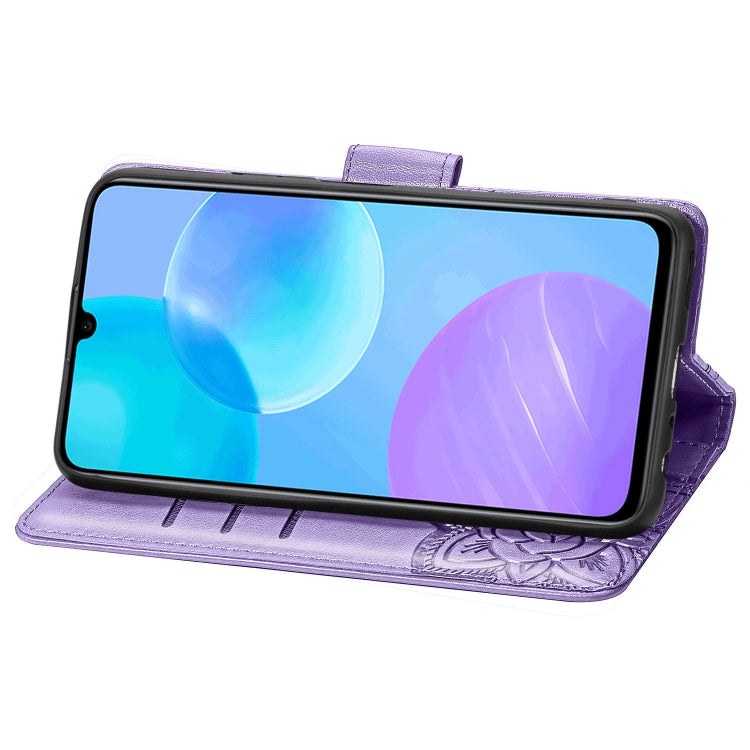 Para Huawei Honor 30 Lite Butterfly Love Flower Funda de cuero con tapa horizontal en relieve con soporte, ranuras para tarjetas, billetera y cordón (morado claro)