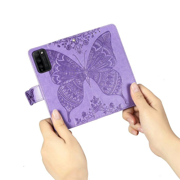 Para Huawei Honor 30 Lite Butterfly Love Flower Funda de cuero con tapa horizontal en relieve con soporte, ranuras para tarjetas, billetera y cordón (morado claro)