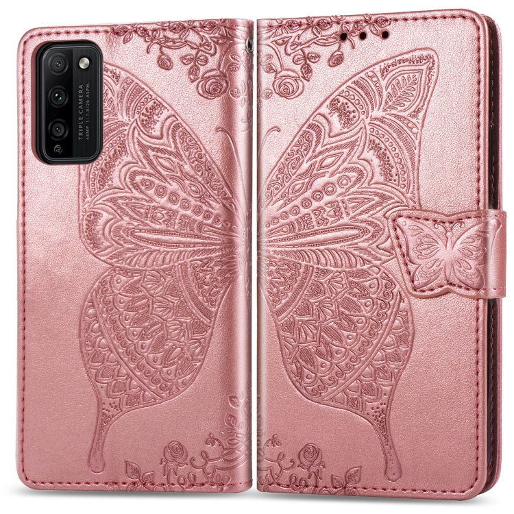Para Huawei Honor 30 Lite Butterfly Love Flower Funda de cuero con tapa horizontal en relieve con soporte, ranuras para tarjetas, billetera y cordón (oro rosa)