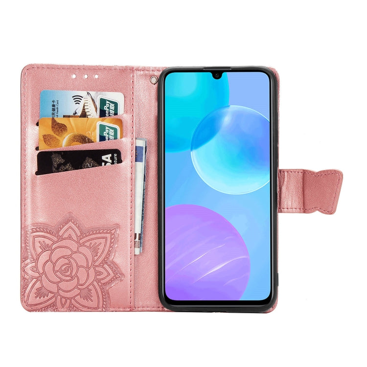 Para Huawei Honor 30 Lite Butterfly Love Flower Funda de cuero con tapa horizontal en relieve con soporte, ranuras para tarjetas, billetera y cordón (oro rosa)