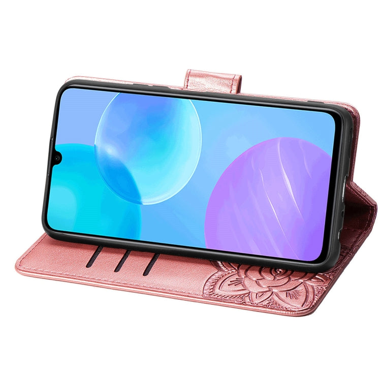Para Huawei Honor 30 Lite Butterfly Love Flower Funda de cuero con tapa horizontal en relieve con soporte, ranuras para tarjetas, billetera y cordón (oro rosa)