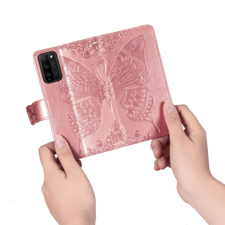 Para Huawei Honor 30 Lite Butterfly Love Flower Funda de cuero con tapa horizontal en relieve con soporte, ranuras para tarjetas, billetera y cordón (oro rosa)