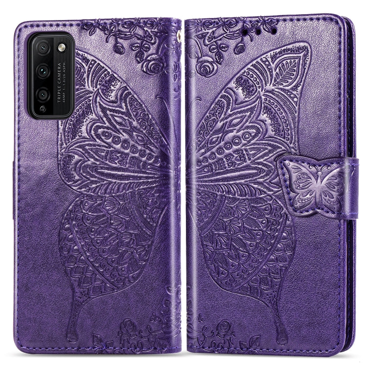 Para Huawei Honor 30 Lite Butterfly Love Flower Funda de cuero con tapa horizontal en relieve con soporte, ranuras para tarjetas, billetera y cordón (morado oscuro)