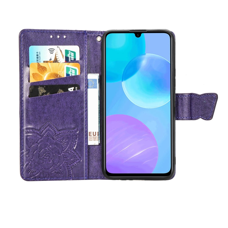 Para Huawei Honor 30 Lite Butterfly Love Flower Funda de cuero con tapa horizontal en relieve con soporte, ranuras para tarjetas, billetera y cordón (morado oscuro)
