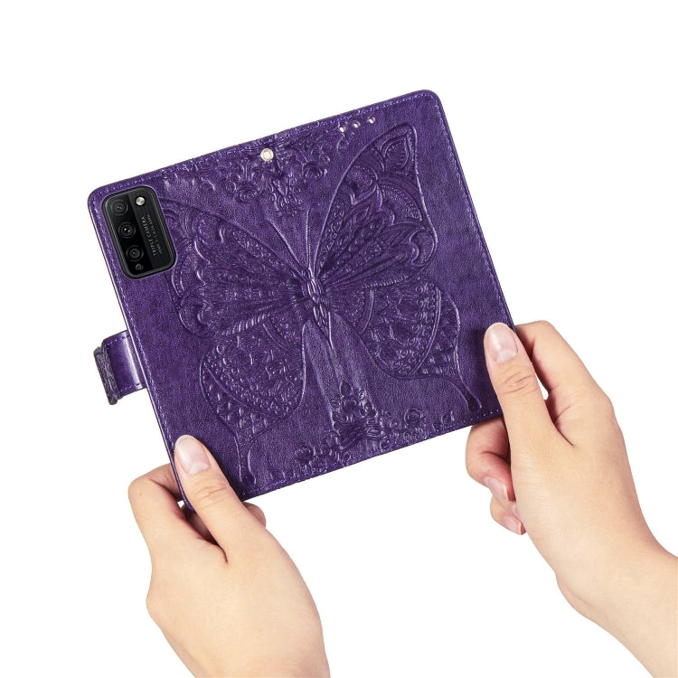 Para Huawei Honor 30 Lite Butterfly Love Flower Funda de cuero con tapa horizontal en relieve con soporte, ranuras para tarjetas, billetera y cordón (morado oscuro)