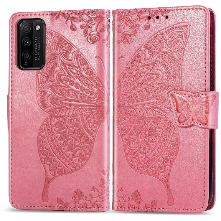 Para Huawei Honor 30 Lite Butterfly Love Flower Funda de cuero con tapa horizontal en relieve con soporte, ranuras para tarjetas, billetera y cordón (rosa)