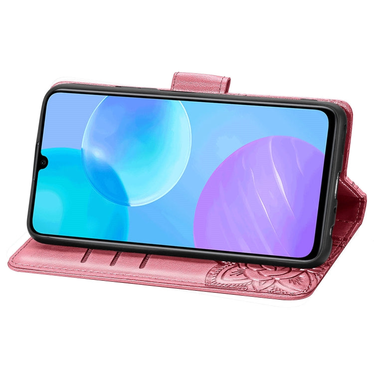 Para Huawei Honor 30 Lite Butterfly Love Flower Funda de cuero con tapa horizontal en relieve con soporte, ranuras para tarjetas, billetera y cordón (rosa)