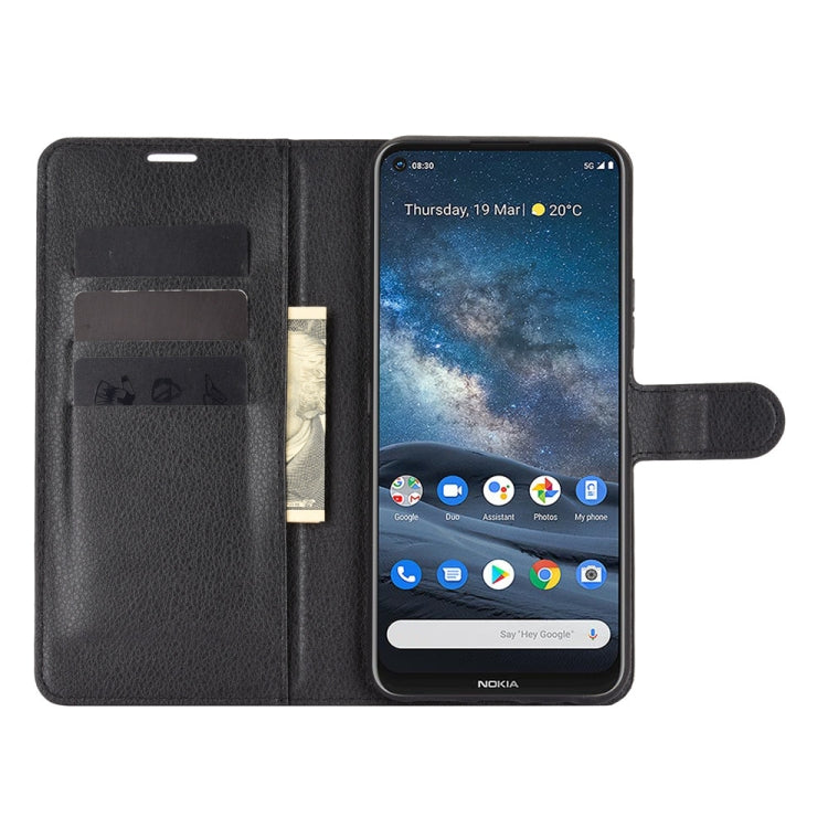 Para Nokia 8.3 5G Litchi Texture Funda protectora con tapa horizontal con soporte, ranuras para tarjetas y billetera (negro)
