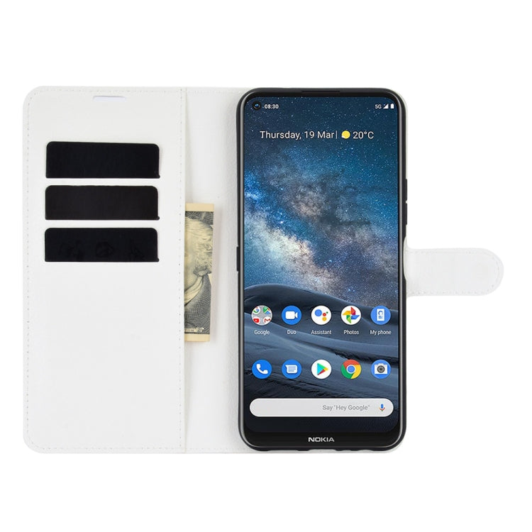 Para Nokia 8.3 5G Litchi Texture Funda protectora con tapa horizontal con soporte, ranuras para tarjetas y billetera (blanco)