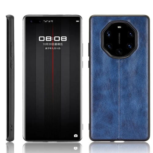 Para Huawei Mate 40 RS Porsche Design Patrón de vaca de costura a prueba de golpes Piel PC + PU + TPU Funda (Azul)