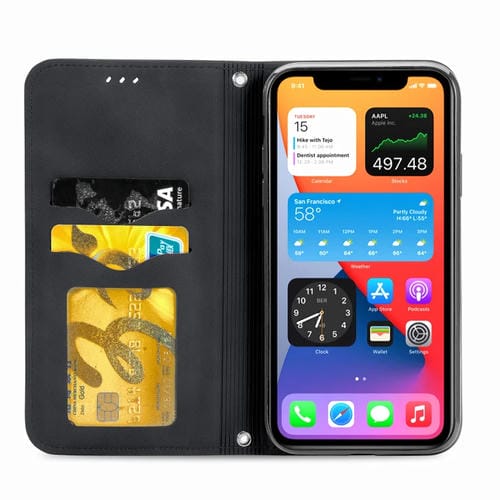 Funda para iPhone 12 Pro Max de Cuero Retro Skin Feel con Tapa Horizontal Magnética, Soporte, Ranuras para Tarjetas, Billetera y Marco de Fotos (Negro)
