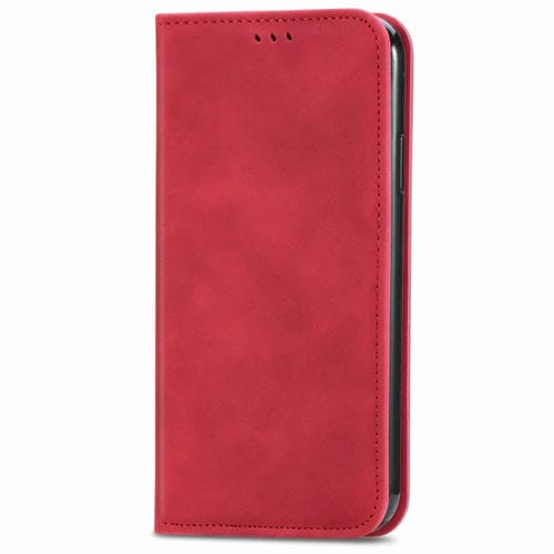 Funda para iPhone 12 Pro Max Cuero Retro Skin Feel Tapa Horizontal Magnética Soporte Ranuras Tarjetas Billetera Marco Fotos (Rojo)
