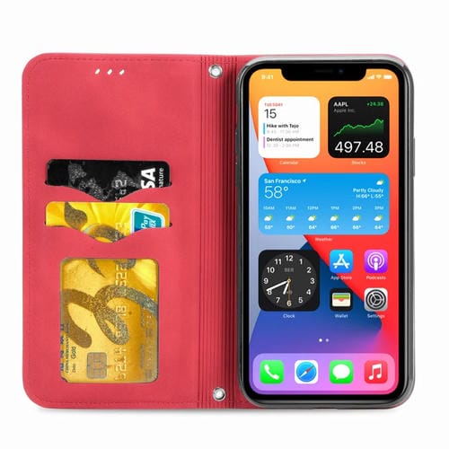 Funda de Cuero iPhone 12/12 Pro Retro Skin Feel Business Tapa Horizontal Magnética Soporte Ranuras Tarjetas Billetera Marco Fotos (Rojo)