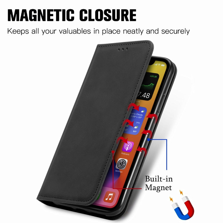Funda para iPhone 12 Mini Cuero Retro Skin Feel con Tapa Horizontal Magnética Soporte Ranuras Tarjetas Billetera Marco Fotos (Negro)