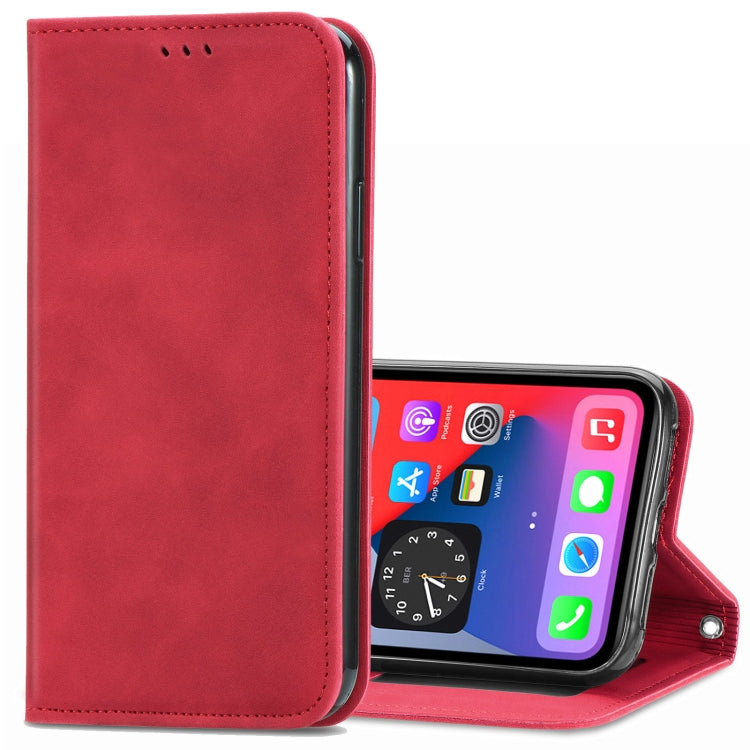 Funda de Cuero para iPhone 12 Mini Retro Skin Feel Business con Tapa Horizontal Magnética Soporte Ranuras Tarjetas Billetera Marco de Fotos (Rojo)