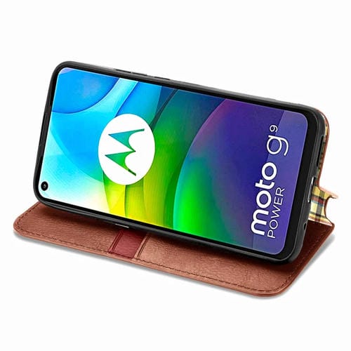 Para Motorola G9 power Cubic Grid Estuche de cuero sintético magnético con tapa horizontal presionado con soporte, ranuras para tarjetas y billetera (marrón)