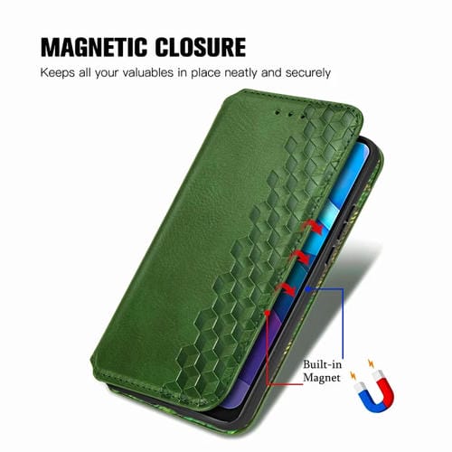Para Motorola G9 power Cubic Grid Estuche de cuero sintético magnético con tapa horizontal presionado con soporte, ranuras para tarjetas y billetera (verde)