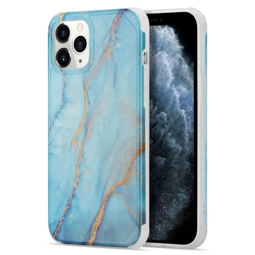 Funda para iPhone 12 Mini Four Corners Anti-Shattering Flow Gold Marble Imd Back Cover (Azul Cielo)