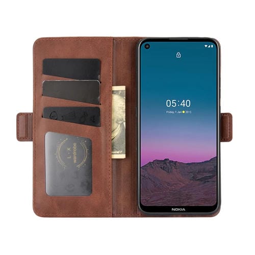 Para Nokia 5.4 Estuche de cuero abatible horizontal con hebilla magnética de doble cara con soporte, ranuras para tarjetas y billetera (marrón)