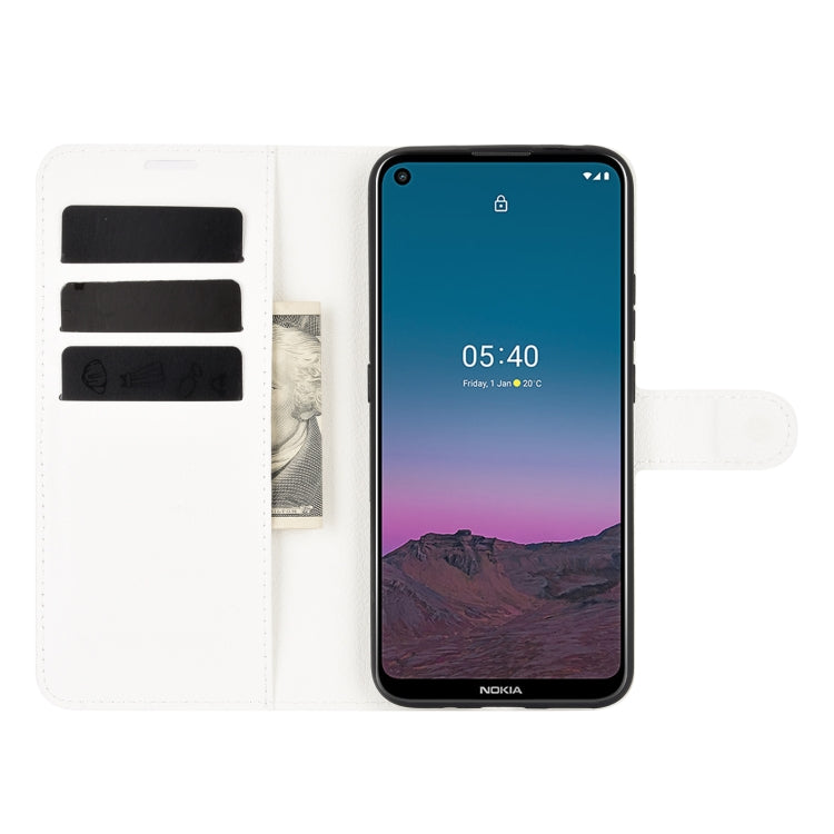 Para Nokia 5.4 Funda protectora con tapa horizontal con textura de litchi con soporte, ranuras para tarjetas y billetera (blanco)