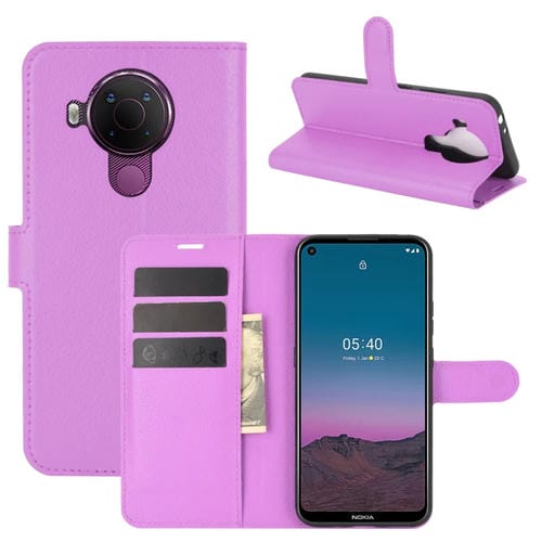 Para Nokia 5.4 Funda protectora con tapa horizontal con textura de litchi con soporte, ranuras para tarjetas y billetera (púrpura)