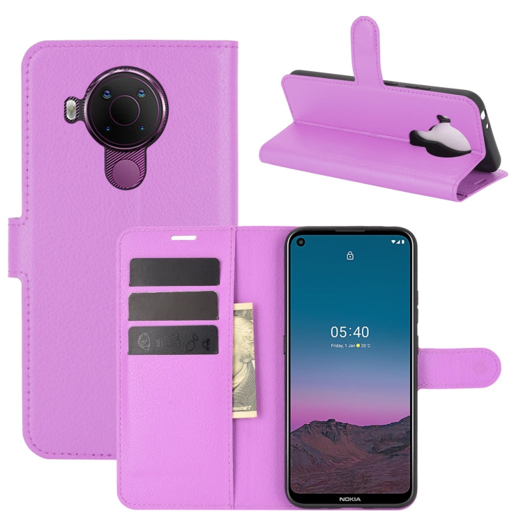 Para Nokia 5.4 Funda protectora con tapa horizontal con textura de litchi con soporte, ranuras para tarjetas y billetera (púrpura)