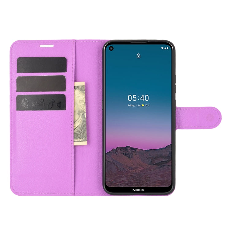 Para Nokia 5.4 Funda protectora con tapa horizontal con textura de litchi con soporte, ranuras para tarjetas y billetera (púrpura)