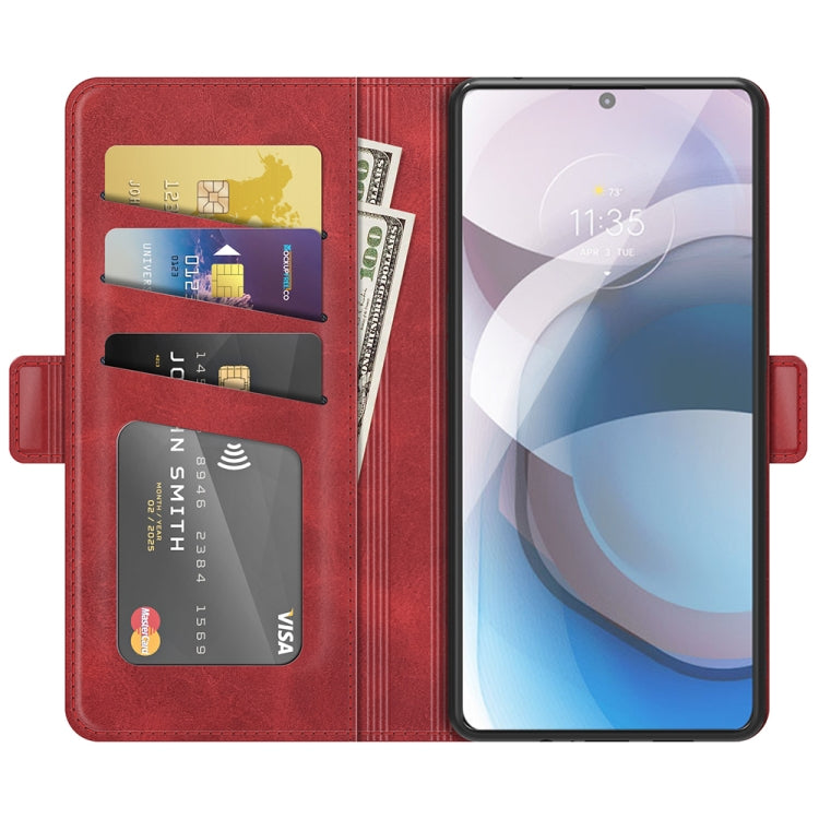 Para MOTOROLA MOTO ONE 5G ACE con hebilla magnética de doble lado Caja de cuero de chancletas horizontales con soporte y tragamonedas y billetera (rojo)