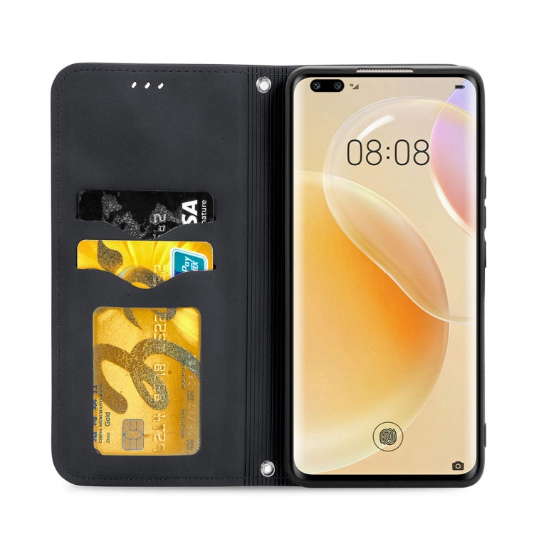 Capa retro de la piel de la piel de la piel con la funda de cuero horizontal magnética con soporte y tragamonedas y marco de la billetera y foto para Huawei Nova 8 Pro (Negro)