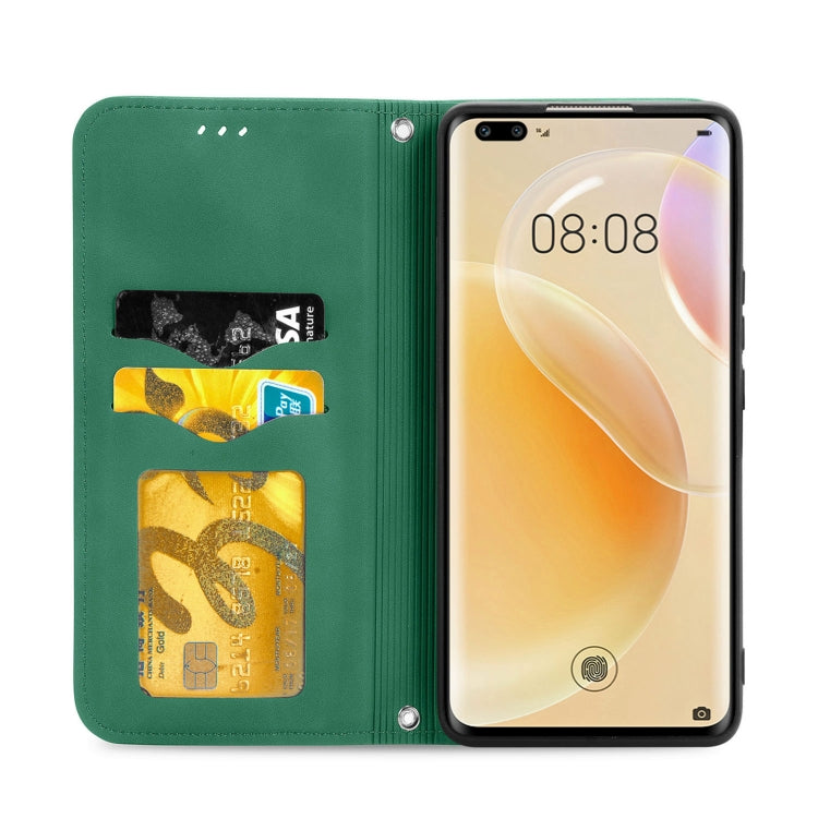 Capa retro de la piel de la piel de la piel Caja de cuero horizontal magnética con el soporte y las tragamonedas y la cartera y el marco de la foto para Huawei Nova 8 Pro (Green)