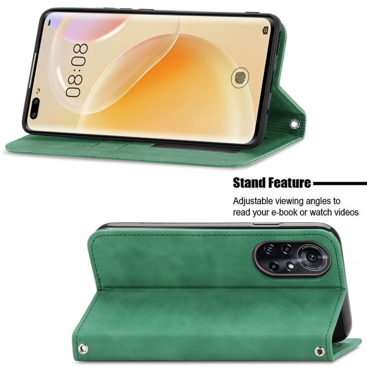 Capa retro de la piel de la piel de la piel Caja de cuero horizontal magnética con el soporte y las tragamonedas y la cartera y el marco de la foto para Huawei Nova 8 Pro (Green)