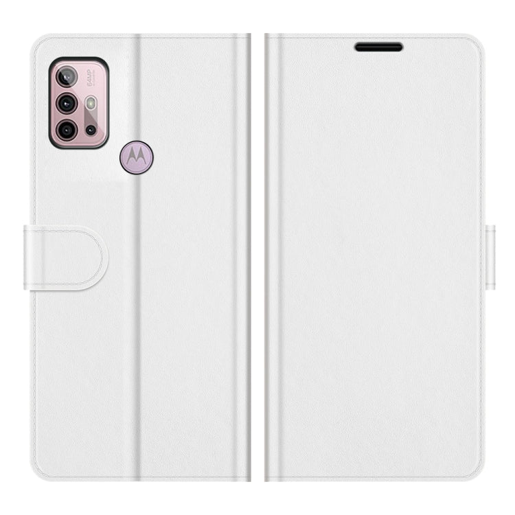 Para MOTOROLA MOTO G30 / G10 R64 Funda protectora de flip horizontal con soporte y ranuras para tarjetas y marco de la billetera y la foto (blanco)