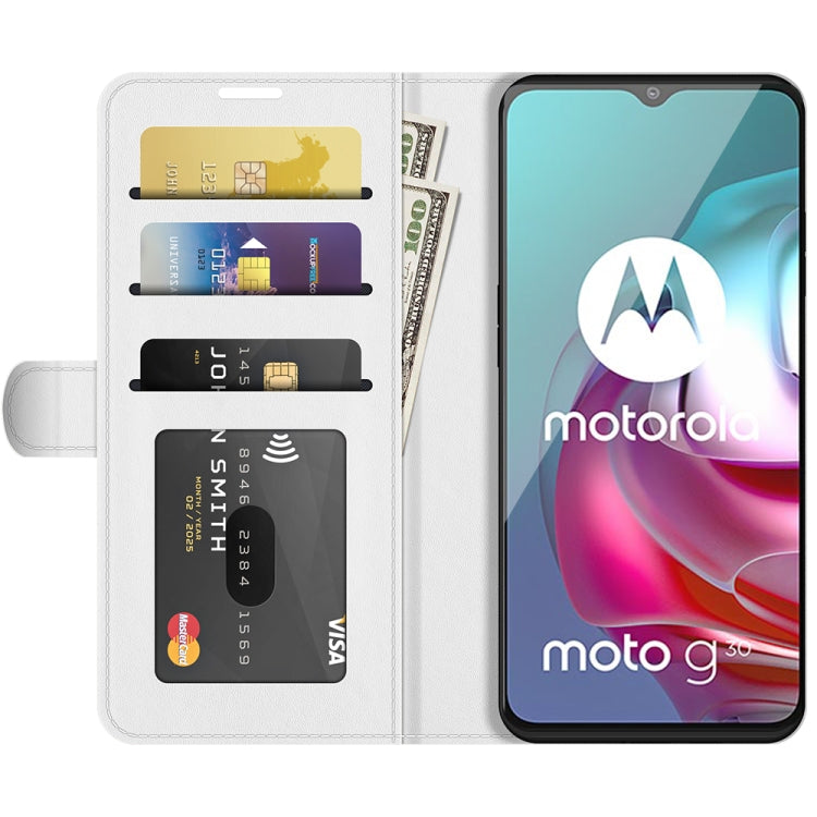Para MOTOROLA MOTO G30 / G10 R64 Funda protectora de flip horizontal con soporte y ranuras para tarjetas y marco de la billetera y la foto (blanco)
