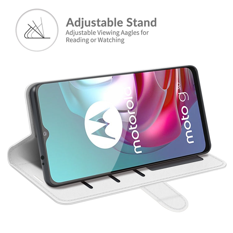 Para MOTOROLA MOTO G30 / G10 R64 Funda protectora de flip horizontal con soporte y ranuras para tarjetas y marco de la billetera y la foto (blanco)