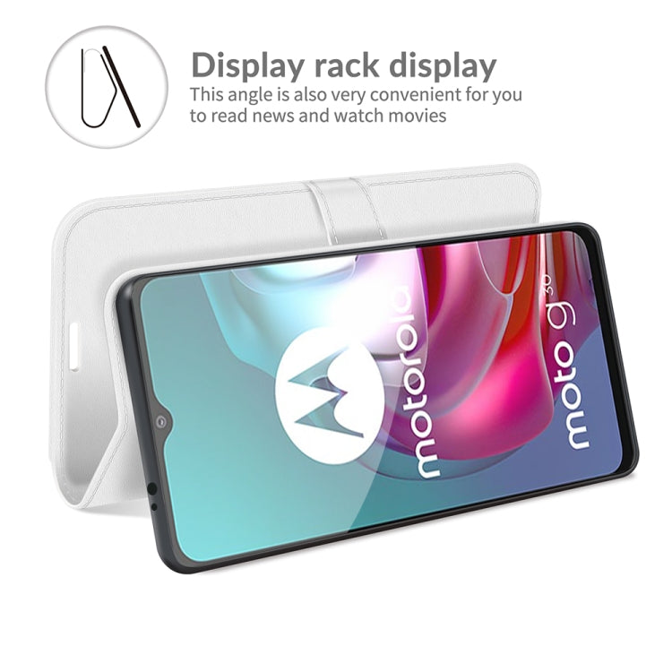 Para MOTOROLA MOTO G30 / G10 R64 Funda protectora de flip horizontal con soporte y ranuras para tarjetas y marco de la billetera y la foto (blanco)