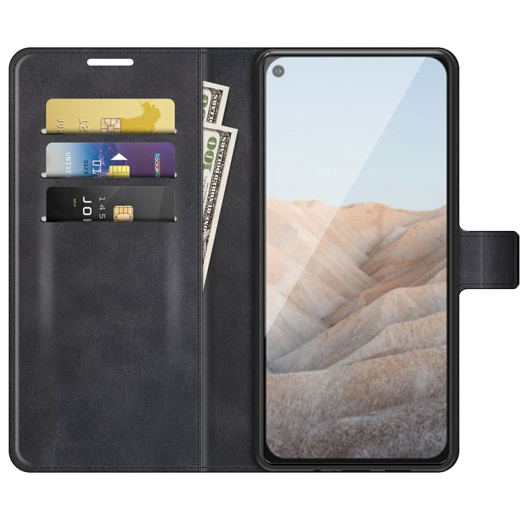 Para Google Pixel 5a Retro Becerro patrón Hebilla Horizontal Flip Funda de cuero con soporte y tragamonedas y billetera (Negro)
