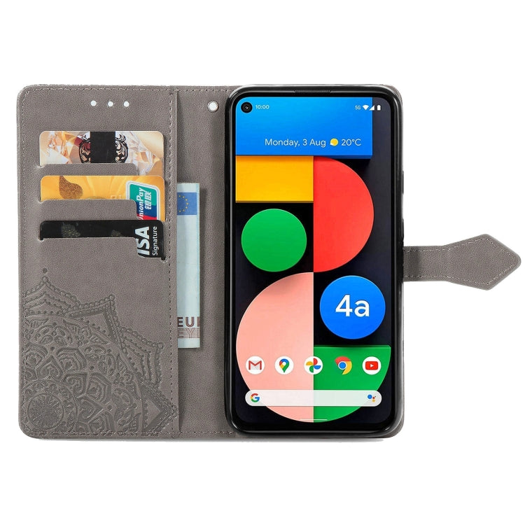 Para Google Pixel 5a Mandala Flower Flower Horizontal Flip Funda de cuero con soporte / ranura para tarjeta / billetera / cordón (gris)