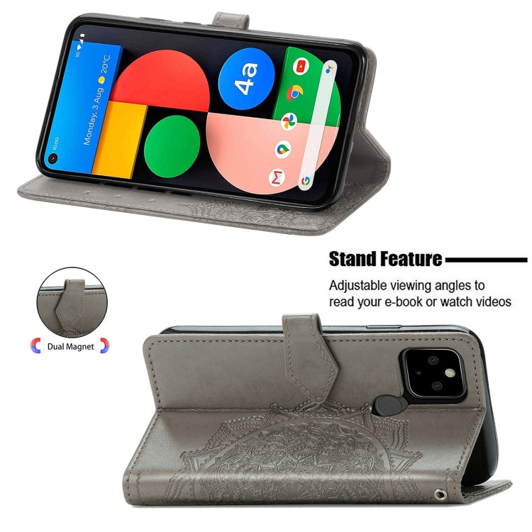 Para Google Pixel 5a Mandala Flower Flower Horizontal Flip Funda de cuero con soporte / ranura para tarjeta / billetera / cordón (gris)