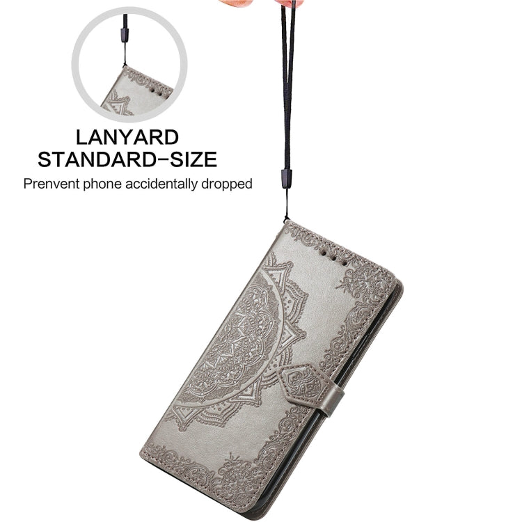 Para Google Pixel 5a Mandala Flower Flower Horizontal Flip Funda de cuero con soporte / ranura para tarjeta / billetera / cordón (gris)
