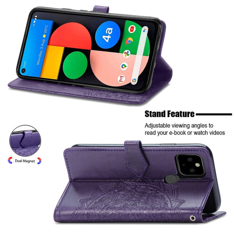 Para Google Pixel 5A Mandala Flower Flow horizontal Flip Funda de cuero con soporte / ranura para tarjeta / billetera / cordón (púrpura)