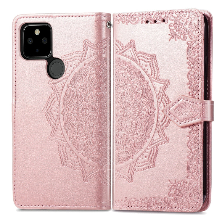Para Google Pixel 5a Mandala Flower Horizontal Flip Funda de cuero con soporte / ranura para tarjeta / billetera / cordón (oro rosa)