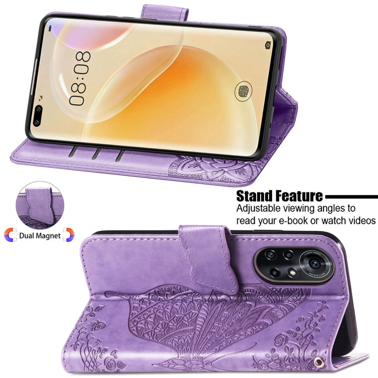 Para Huawei Nova 8 Pro Butterfly Love Flower Flower Horizontal Flip Funda de cuero con soporte y ranura para tarjeta y billetera y cordón (púrpura claro)