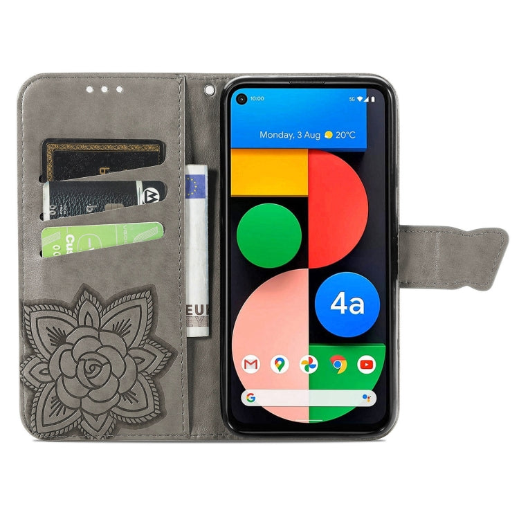 Para Google Pixel 5A Butterfly Love Flower Horizontal Flip Funda de cuero con soporte y ranura para tarjeta y billetera y cordón (gris)