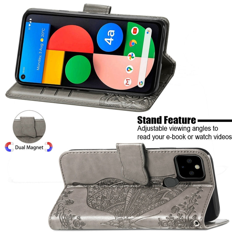 Para Google Pixel 5A Butterfly Love Flower Horizontal Flip Funda de cuero con soporte y ranura para tarjeta y billetera y cordón (gris)