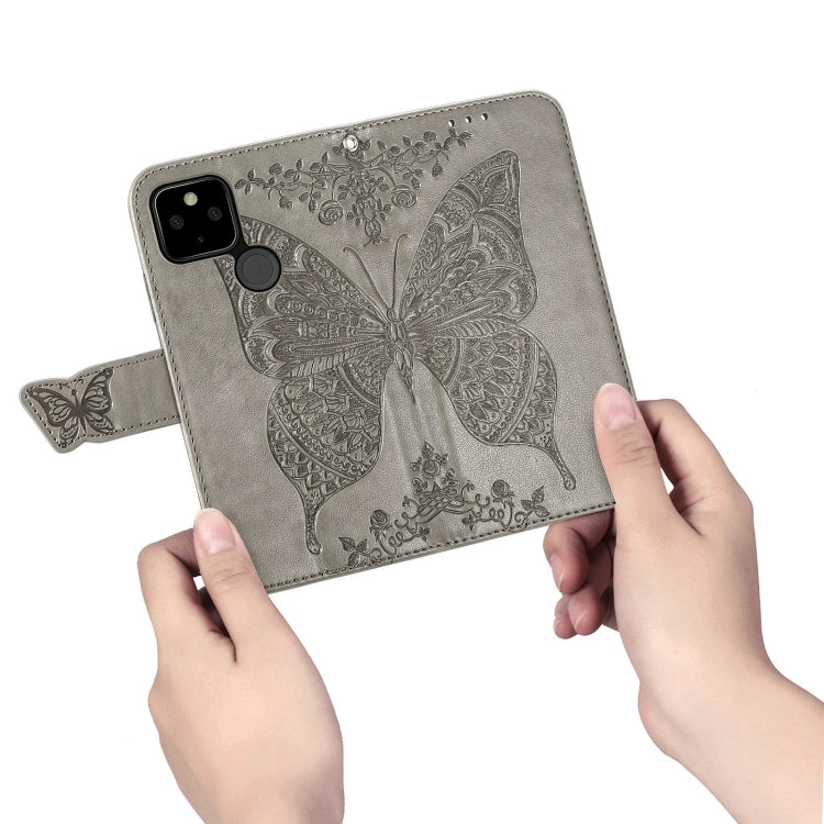 Para Google Pixel 5A Butterfly Love Flower Horizontal Flip Funda de cuero con soporte y ranura para tarjeta y billetera y cordón (gris)