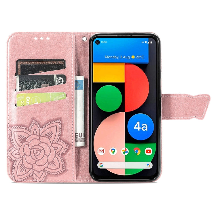 Para Google Pixel 5a, mariposa, amor, estuche de cuero horizontal, funda de cuero con soporte y ranura para tarjeta y billetera y cordón (oro rosa)