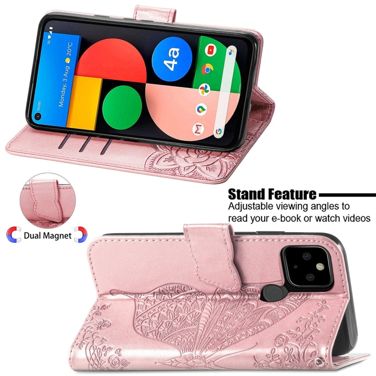 Para Google Pixel 5a, mariposa, amor, estuche de cuero horizontal, funda de cuero con soporte y ranura para tarjeta y billetera y cordón (oro rosa)