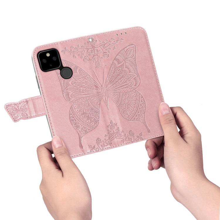 Para Google Pixel 5a, mariposa, amor, estuche de cuero horizontal, funda de cuero con soporte y ranura para tarjeta y billetera y cordón (oro rosa)