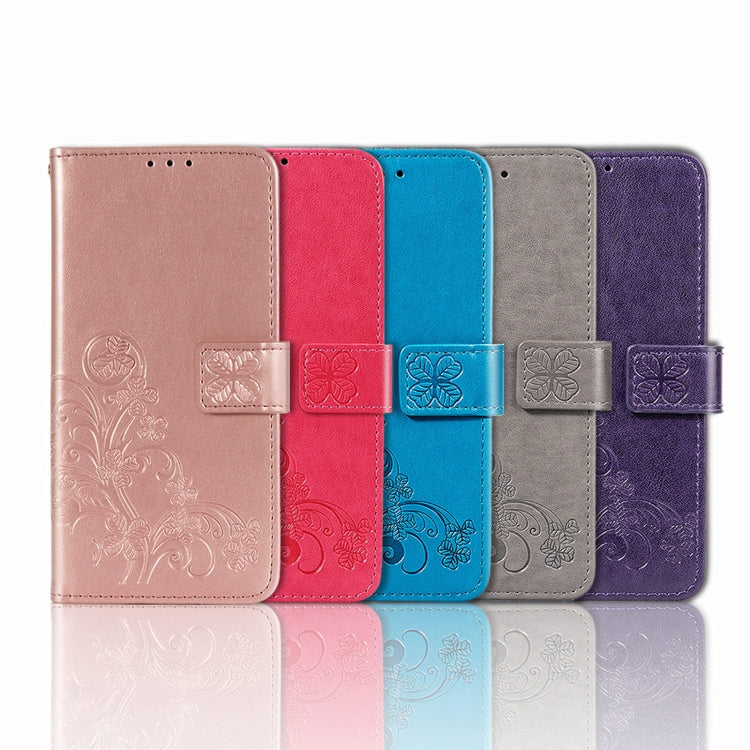 Para ZTE A7S 2020 Cierre de cuatro hojas con hebilla en relieve Protección de teléfono móvil Funda de cuero con cordillero y ranura para la tarjeta y la función de la cartera y el soporte (Rose Rojo)